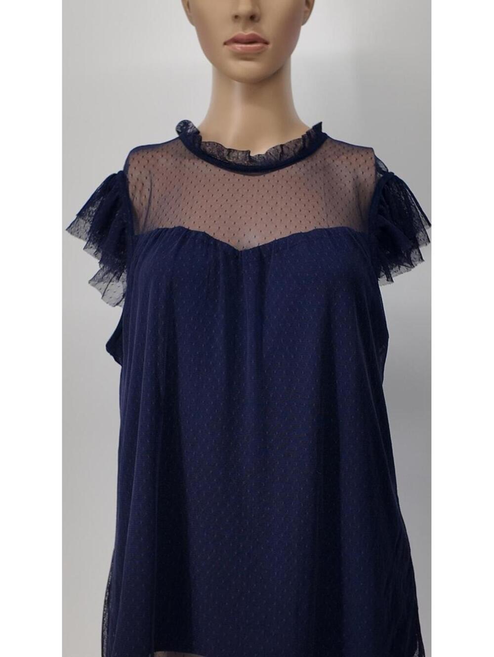 Navy Blue Sheer Mesh Ruffle Sleeve Blouse XL Lightweight‎ Feminine Top